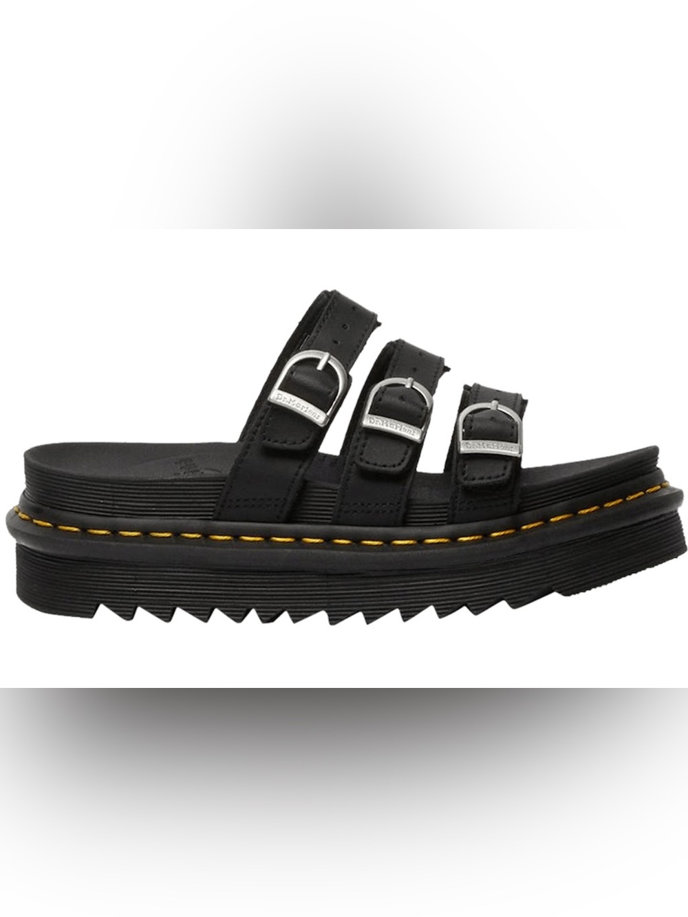 Dr. Martens Black Triple-Buckle Platform Slide Sandals with Yellow Stitching